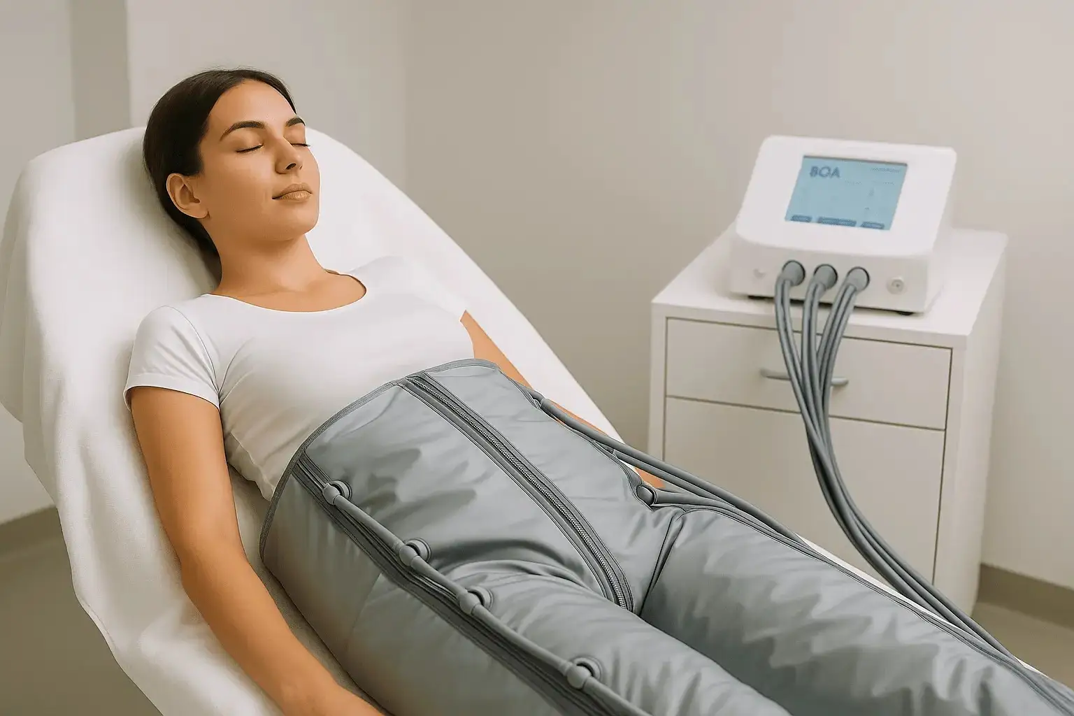 Drenaż limfatyczny BOA - pacjentka w białej koszulce odpoczywa na fotelu zabiegowym w specjalnym kombinezonie do masażu uciskowego podłączonym do urządzenia BOA w gabinecie Afrodyta w Giżycku.