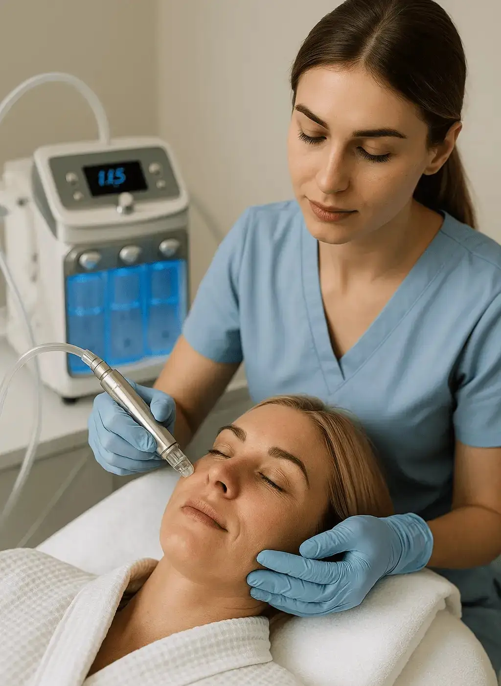 Zabieg hydroksybrazji twarzy - kosmetolog aplikuje tlen medyczny i wodę za pomocą specjalnego aplikatora.