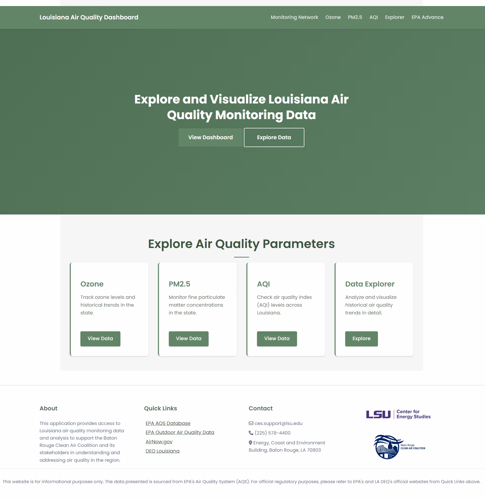 Louisiana Air Quality Dashboard interface screenshot