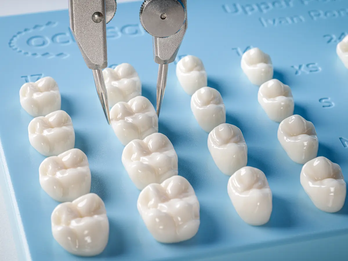 Dental crowns arranged in rows on a blue tray with metal calipers measuring one crown.