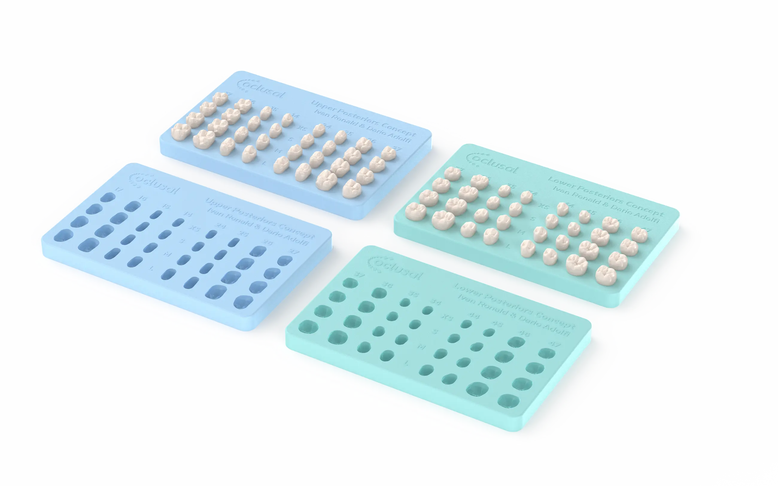 Four dental mold trays in blue and turquoise, showing sets of upper and lower posterior teeth models and corresponding empty slots for fitting, arranged in two pairs.