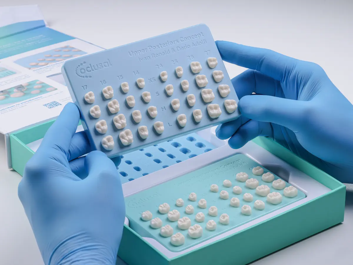 Hands wearing blue medical gloves holding a blue dental tooth shade guide displaying various sizes and shapes of upper posterior teeth models with numbers and size labels, inside a teal box containing additional dental tooth models and an informational leaflet.