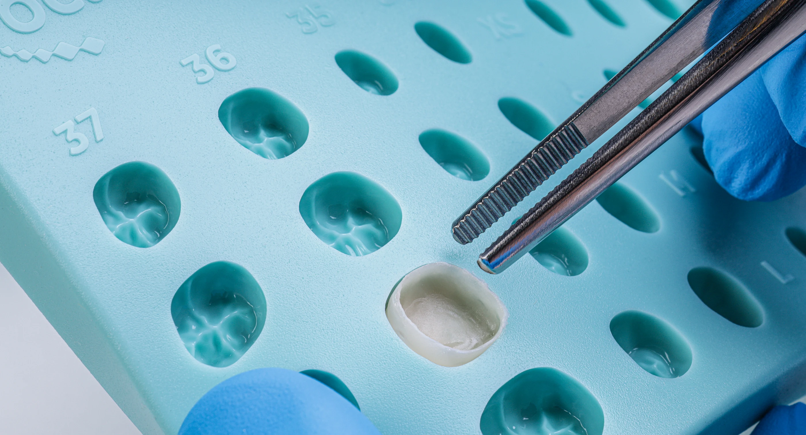 Close-up of a dental technician wearing blue gloves holding metal tweezers with a ceramic dental crown above a light blue mold tray with numbered tooth impressions.