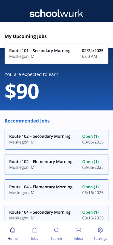 Schoolwurk user Home page with a current job, estimated pay, and recommended jobs
