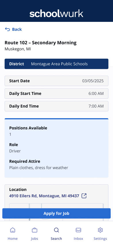 A Schoolwurk job detail page with start and end time, required attire, location, contact information, and ability to apply for the job
