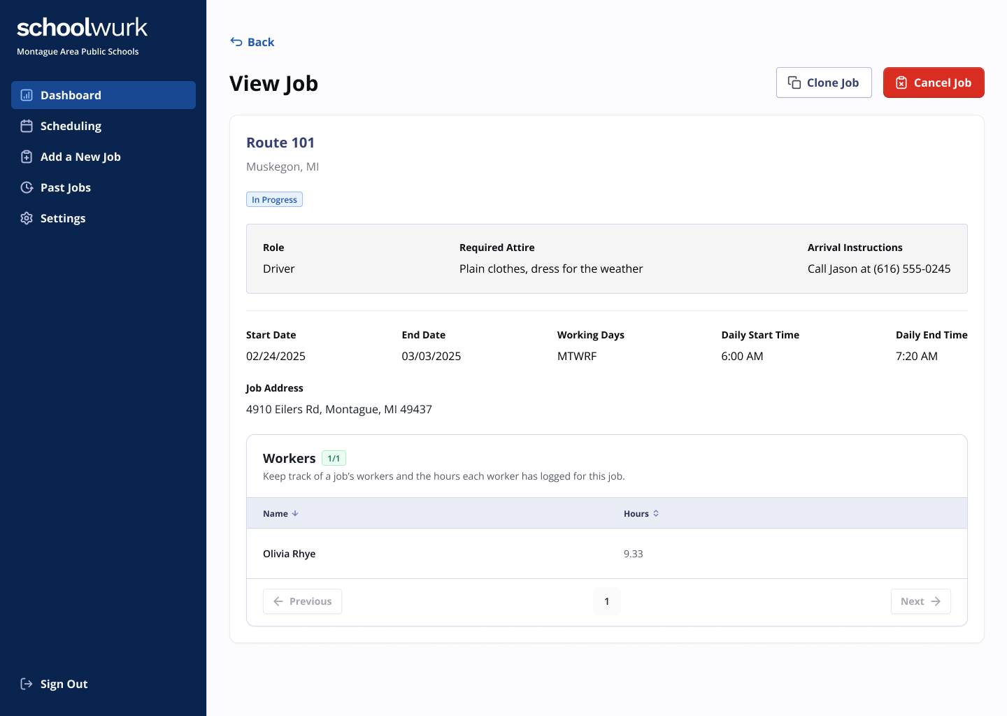 Job details for an active user-created job that can be cloned or cancelled