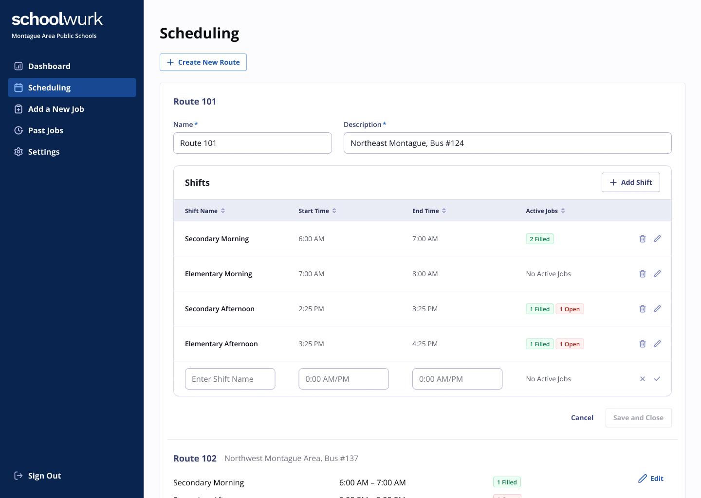 Scheduling page for route and job creation with name, description, and shift table