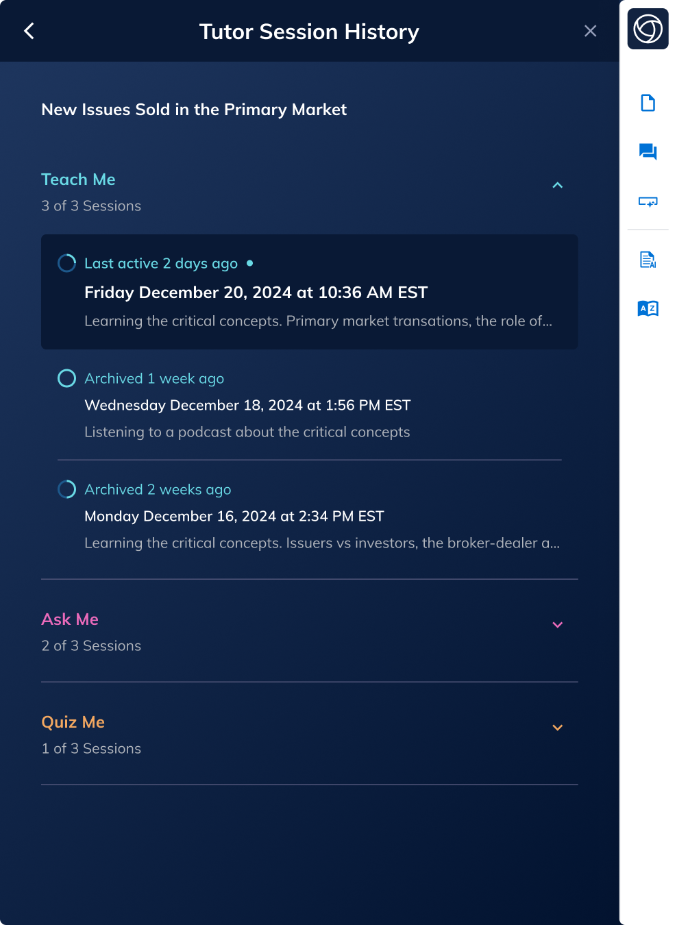 Expanded session history with active and archived sessions