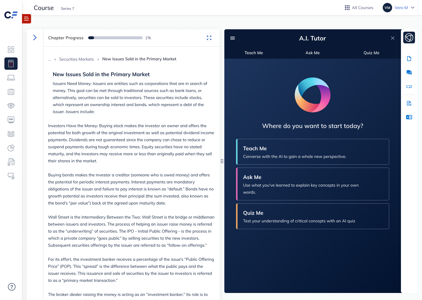 Onboarding screen with options for Teach Me, Ask Me, and Quiz Me