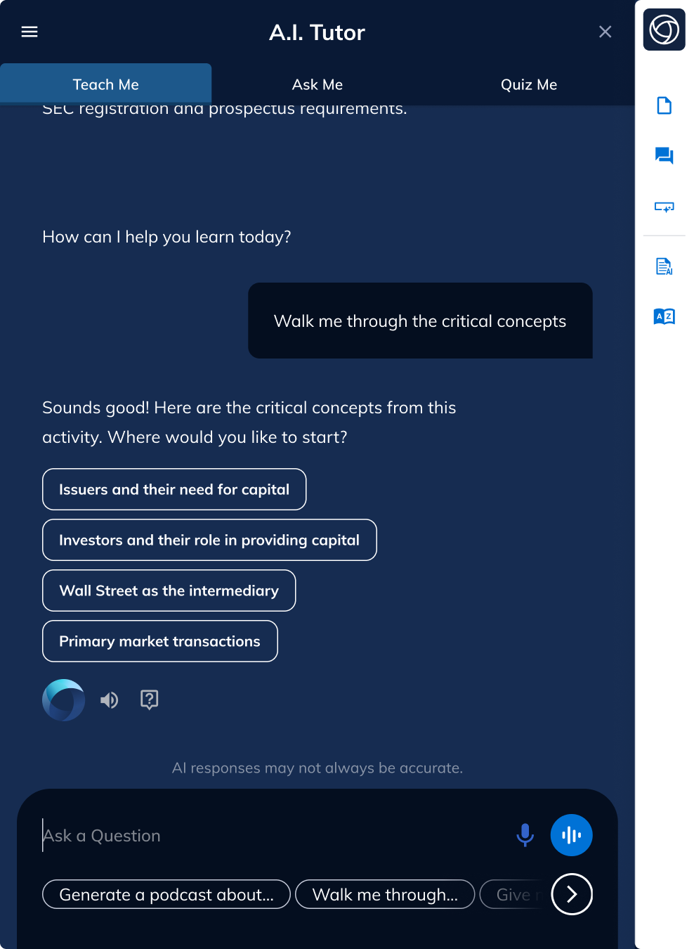 Teach Me with critical concepts listed out for user to select