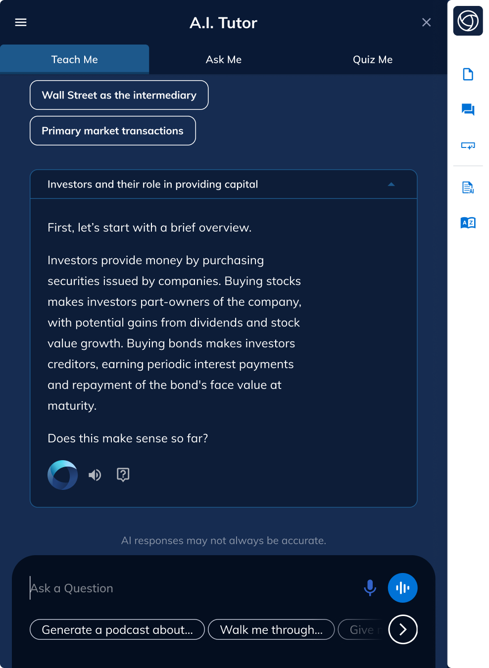 Teach Me screen with the beginning of a critical concept subchat