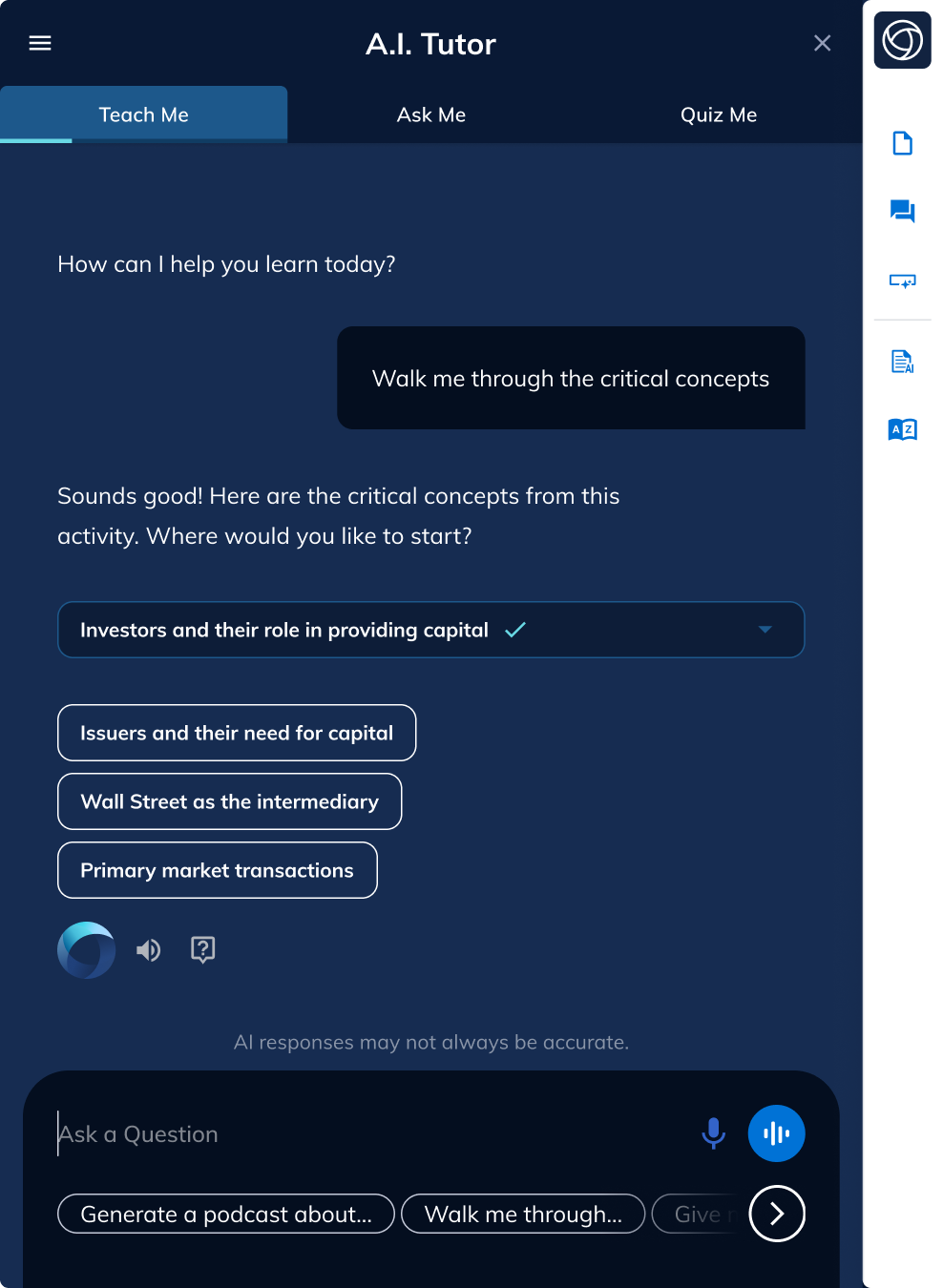 Teach Me screen with a completed and closed critical concept subchat with follow-up messages