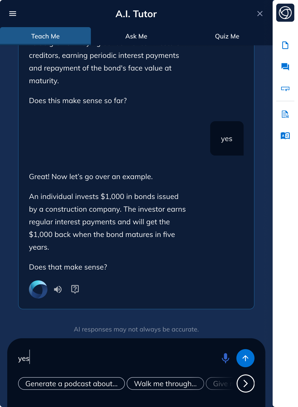 Teach Me screen with an ongoing critical concept subchat