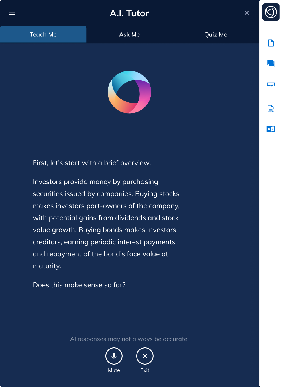 Teach Me voice mode that converses with the learner about critical concepts with captions