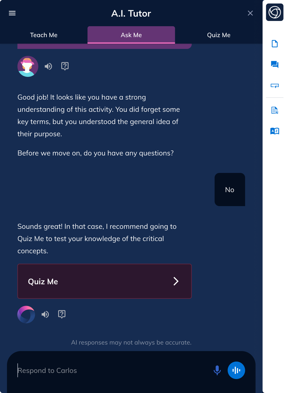 End of an Ask Me session that links to Quiz Me