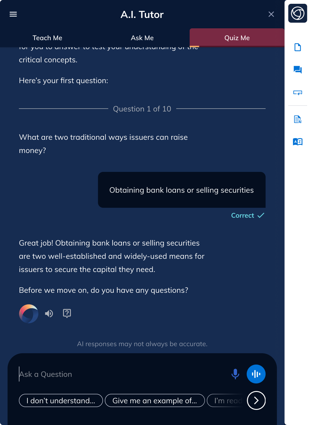 Quiz Me learner answer marked as correct with follow up