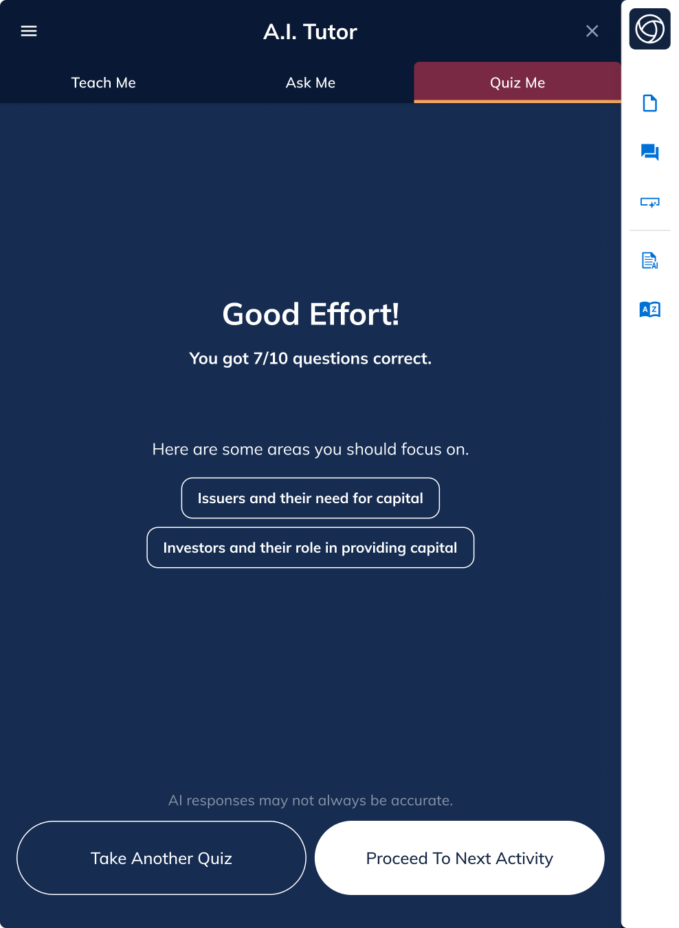 End of a Quiz Me quiz with results and next steps