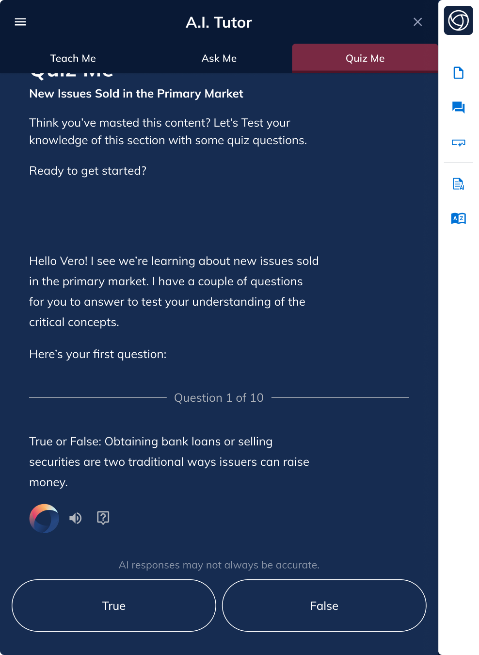 Quiz Me question with a true false response
