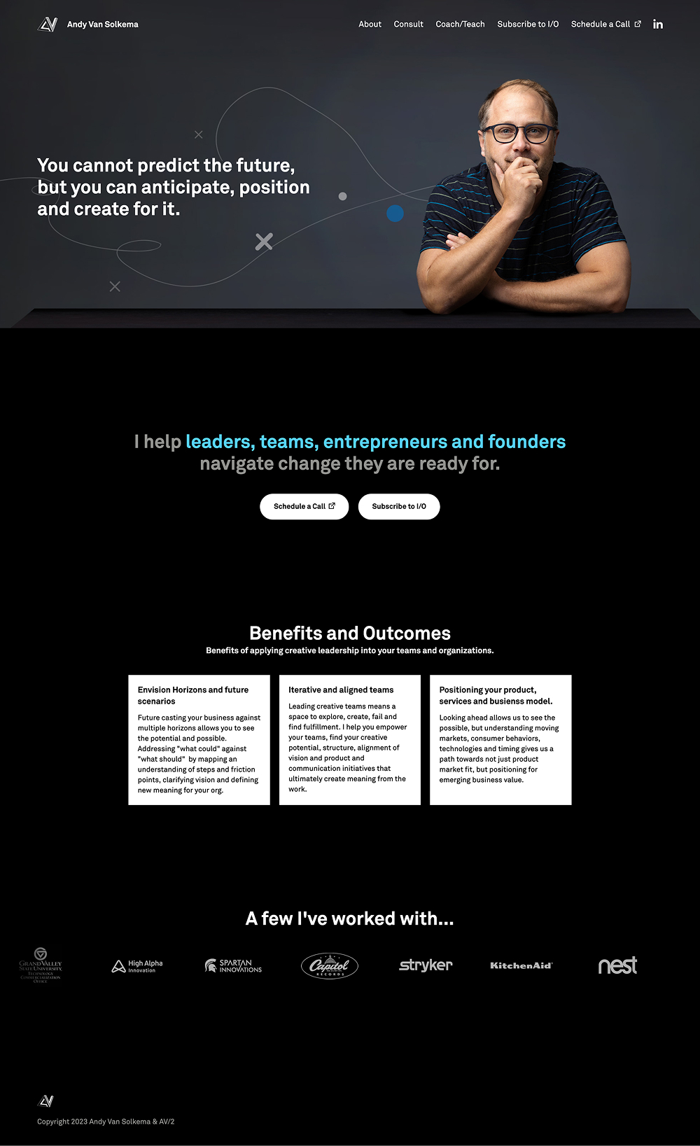 Homepage with call to actions and previous clients carousel