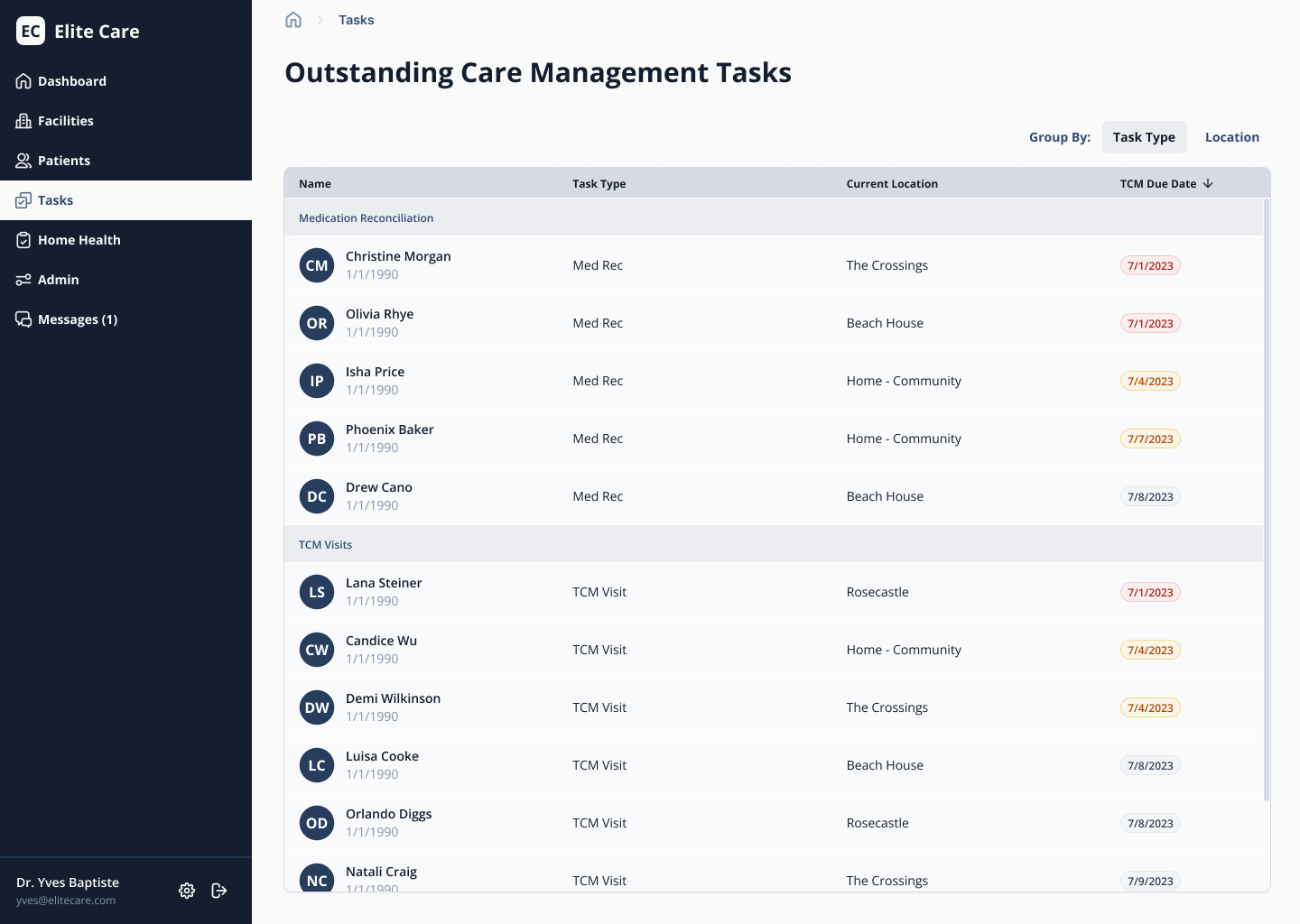 Task list sorted by task type detailing patient name, type, location, and due date with color indication for urgency