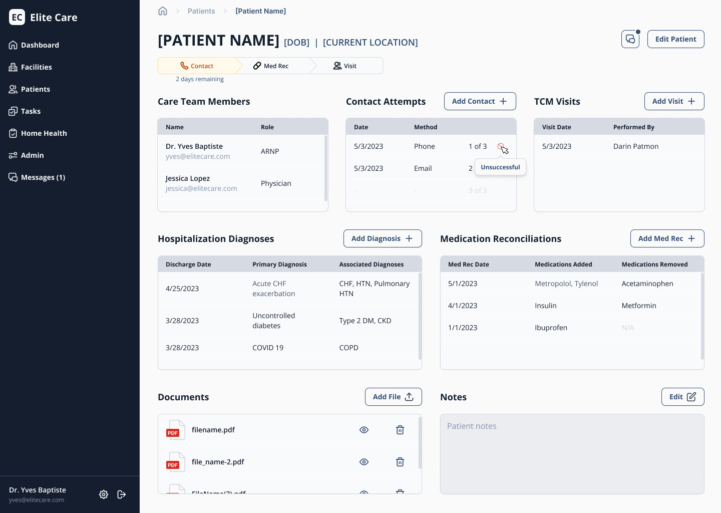 Patient detail page with progress tracker, detail tables, and documentation for completing transitional care management