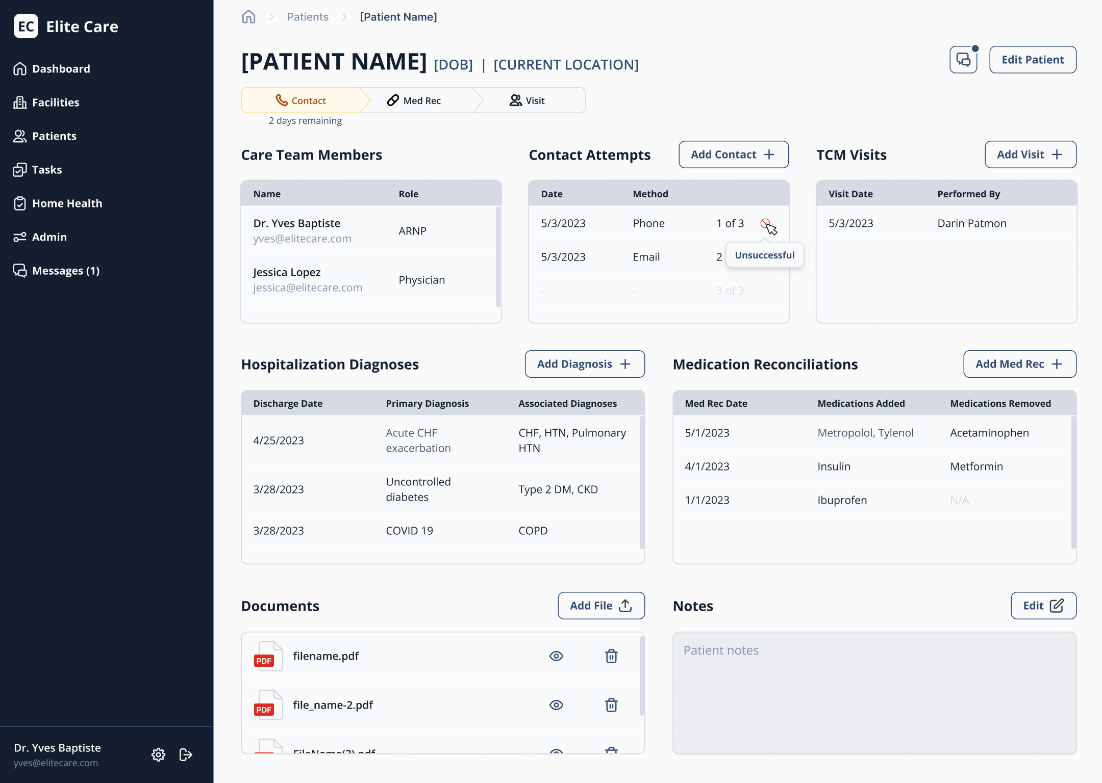 Patient detail page with progress tracker, detail tables, and documentation for completing transitional care management