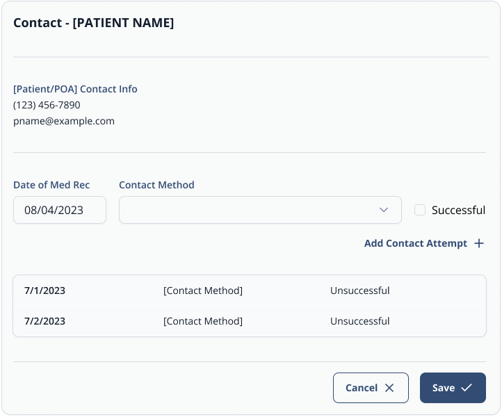 Modal for completing the contact table of patient details