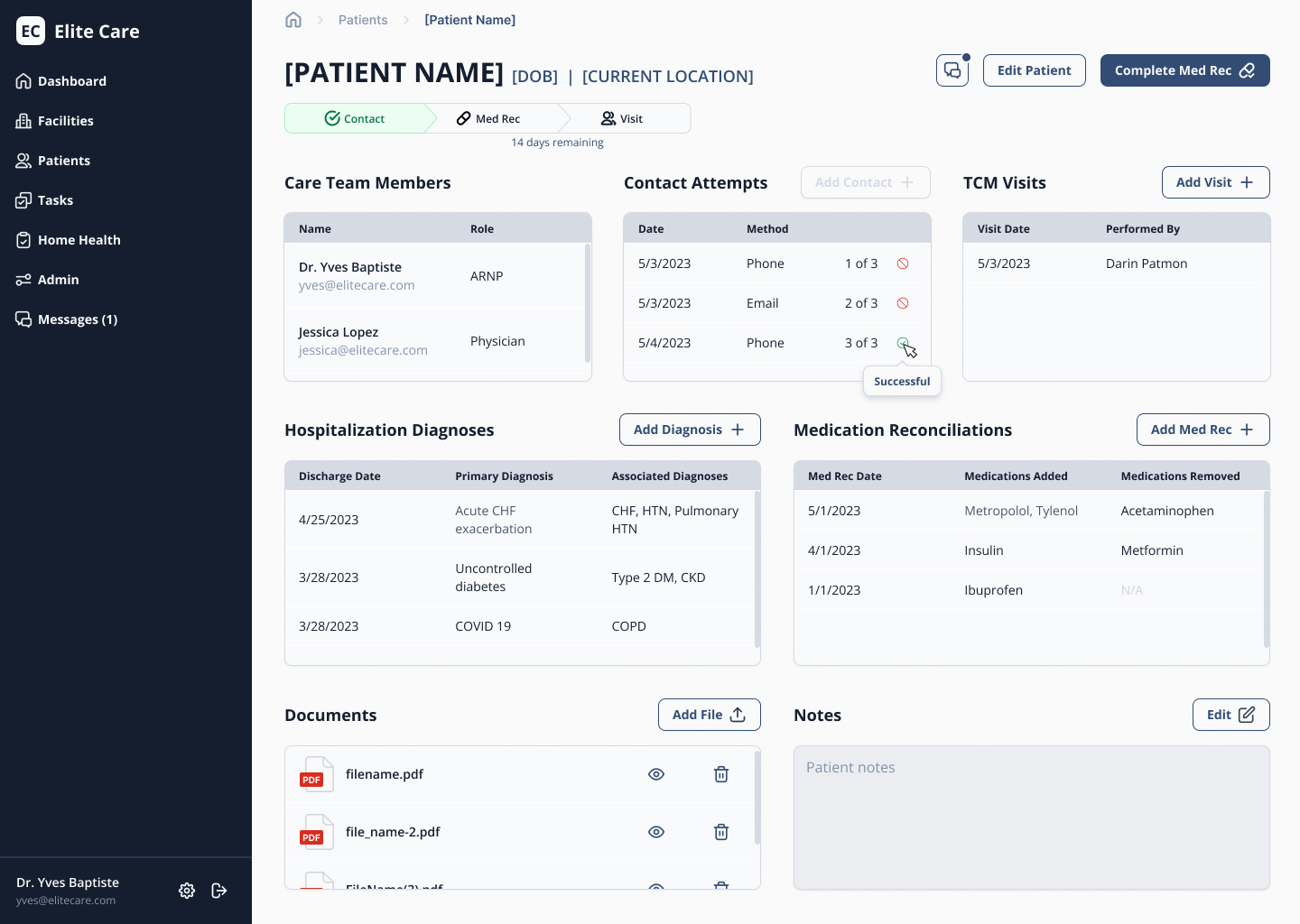 Patient detail page advanced to the medication reconciliation step after completing the contact step