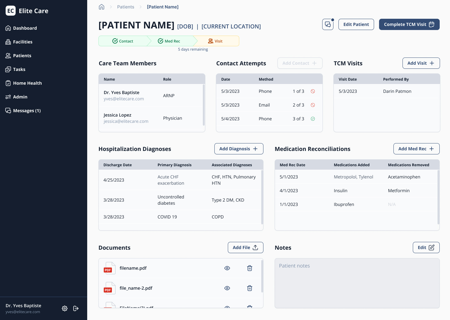 Patient details page at the TCM visit step after completing the med rec step with an updated progress tracker