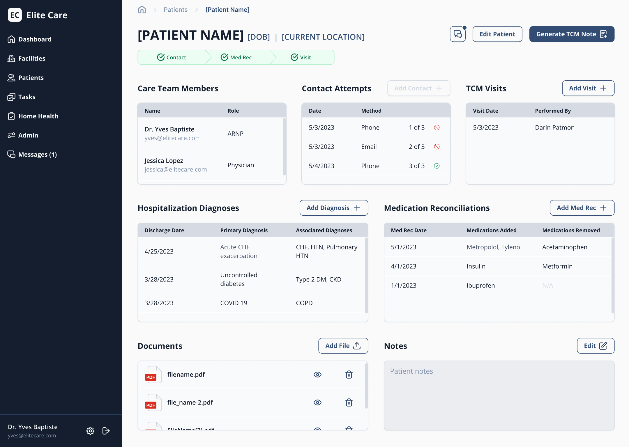 Patient details page with progress tracker complete and generate TCM Note available