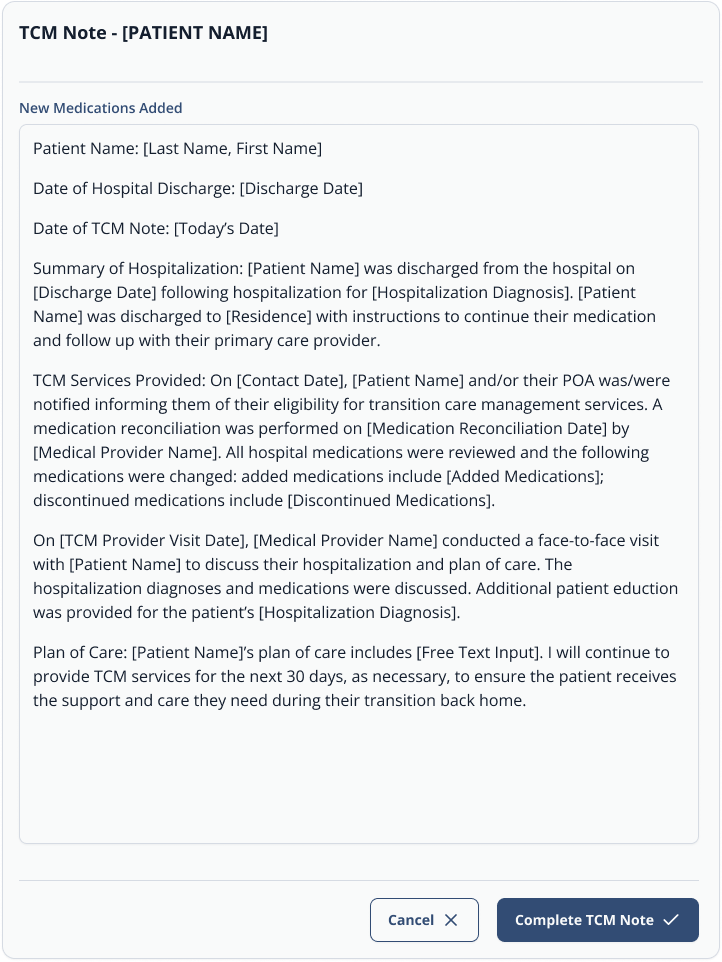 Modal of a system-generated TCM note at the end of the TCM process detailing what was done