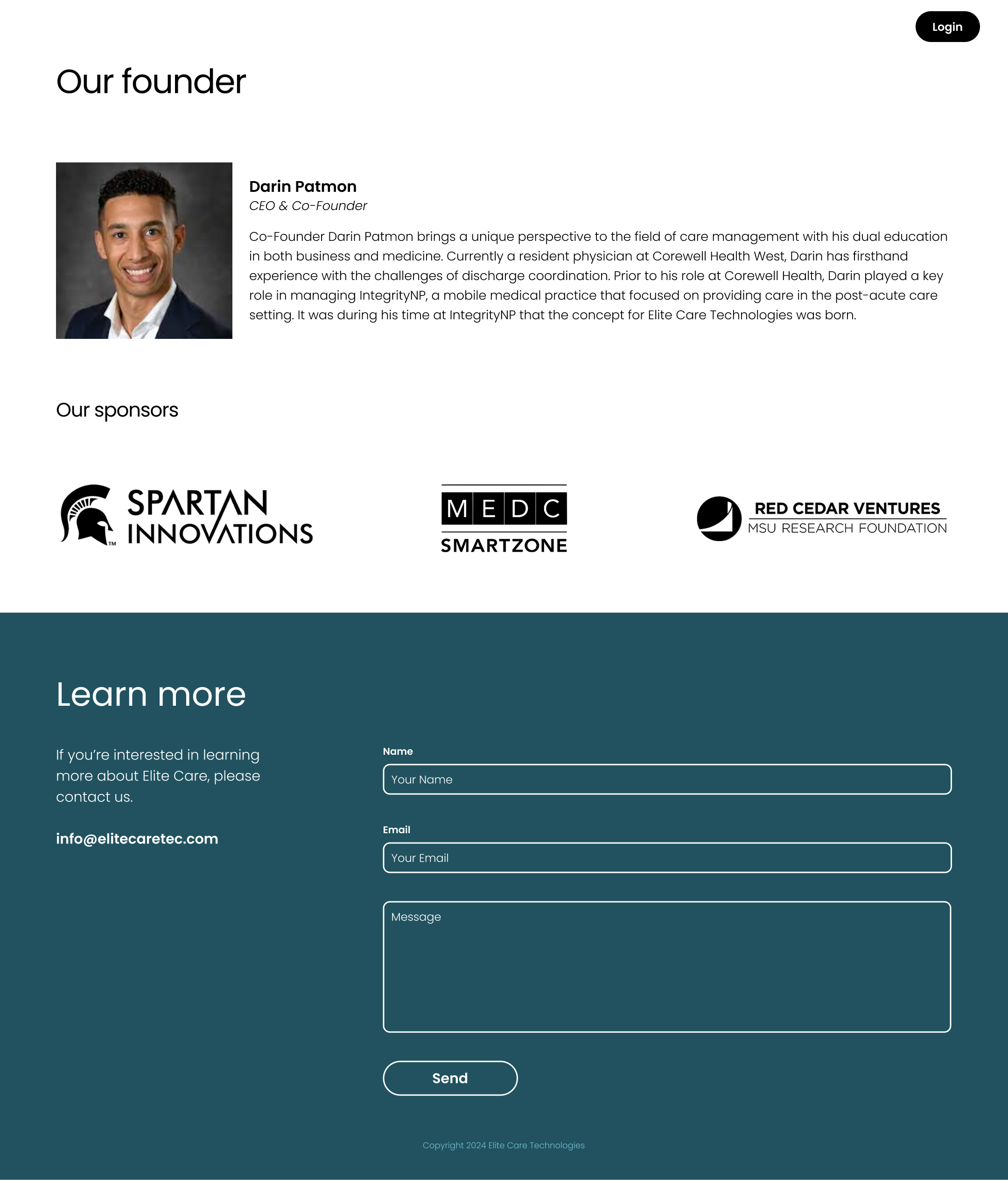 Section of the website for Elite Care Technologies with the about us and contact sections