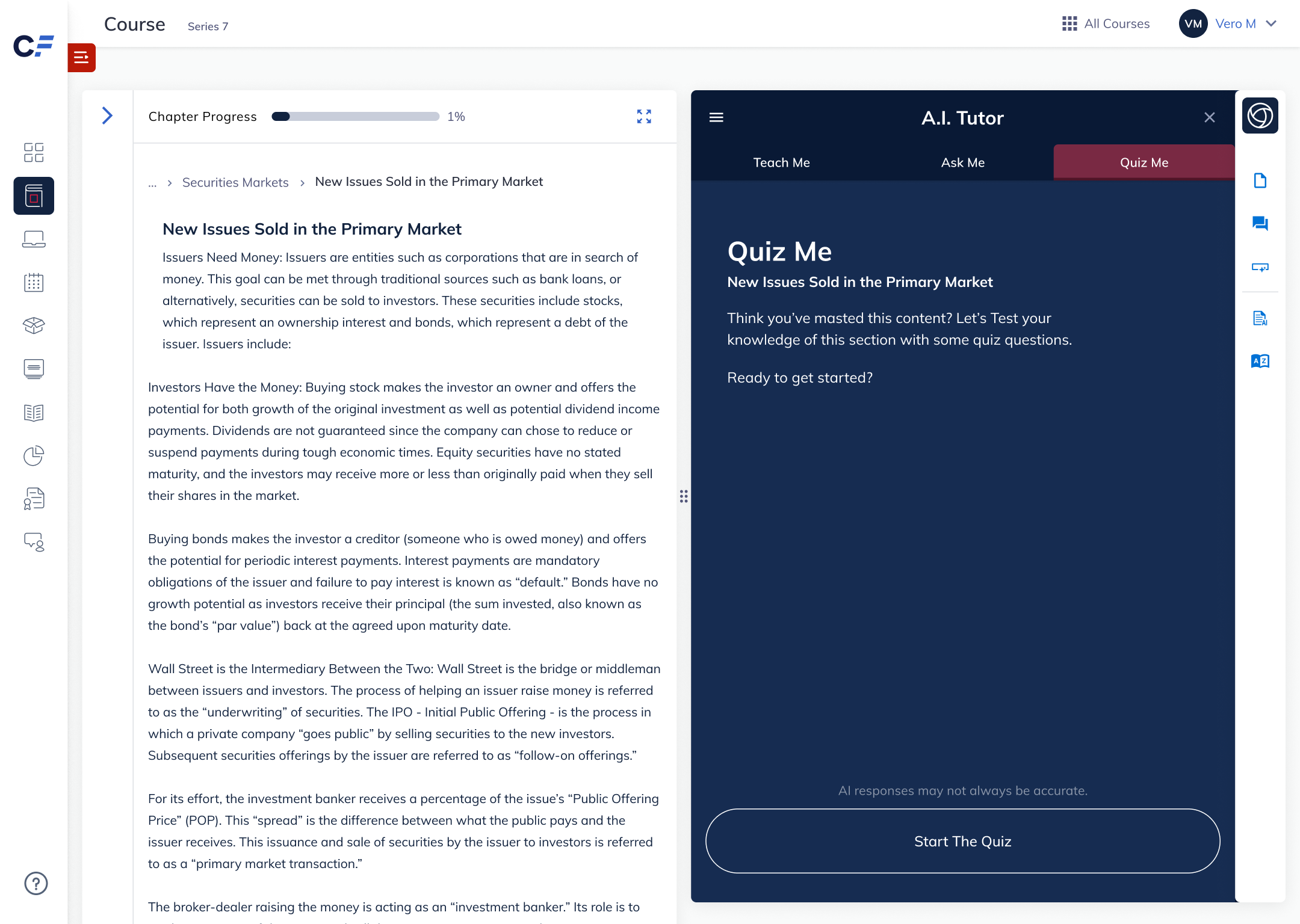 Full application view with AI tutor starting Quiz Me