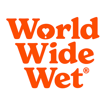 Logotipo de texto naranja que dice World Wide Wet con una forma de corazón dentro de la letra O.