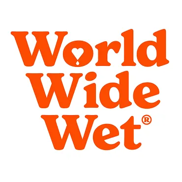 Logotipo de texto naranja que dice World Wide Wet con una forma de corazón dentro de la letra O.