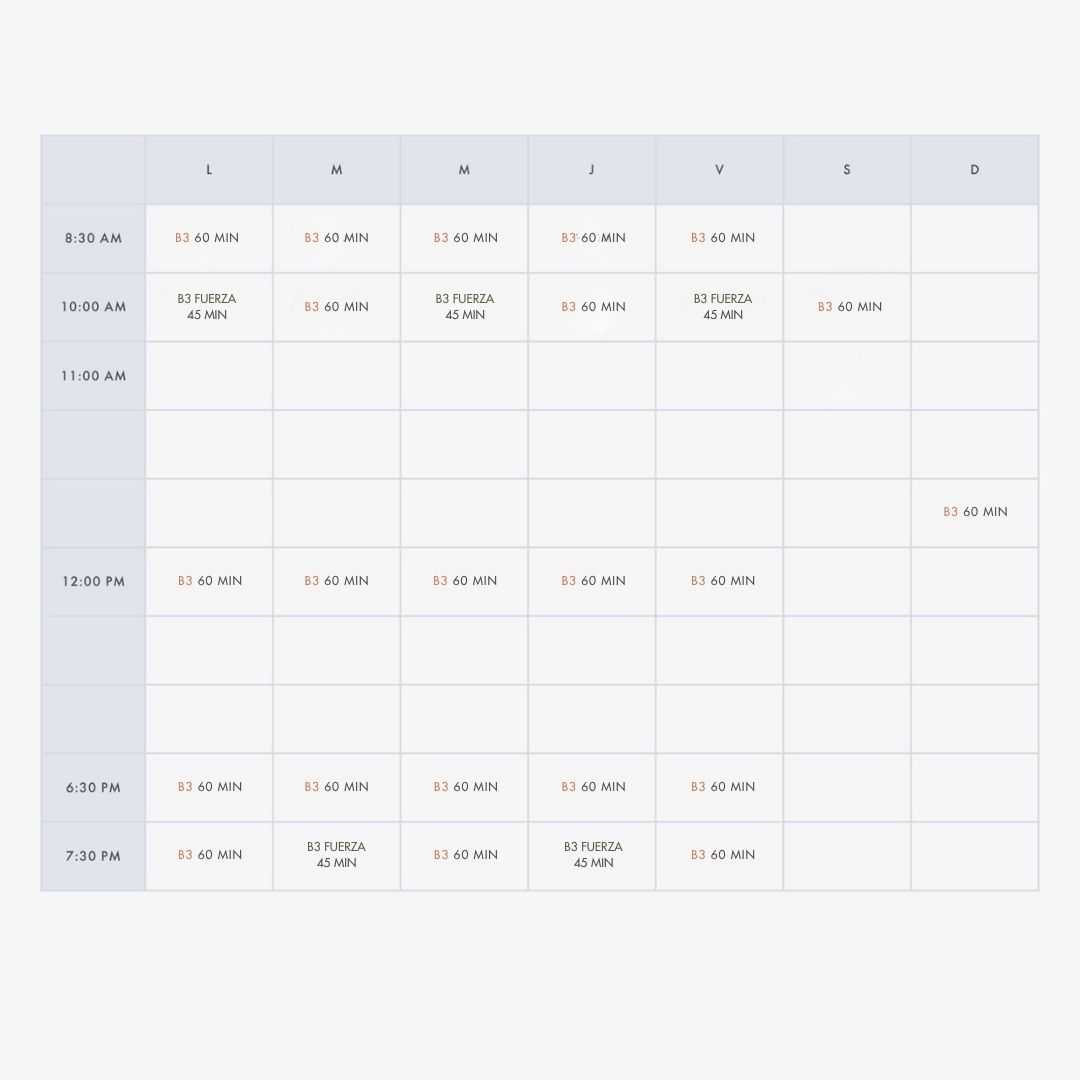 Tabla de programación semanal con días de la semana como columnas y horarios de 8:30 AM a 7:30 PM como filas mostrando sesiones etiquetadas como B3 por 60 minutos y B3 FUERZA por 45 minutos.
