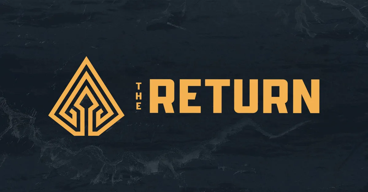 Yellow stylized arrowhead logo with text 'THE RETURN' on dark textured background.