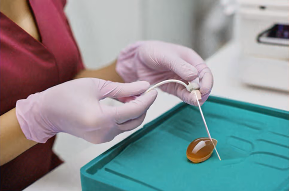 Person wearing pink gloves holding a medical probe near a translucent amber-colored silicone breast implant on a green tray.