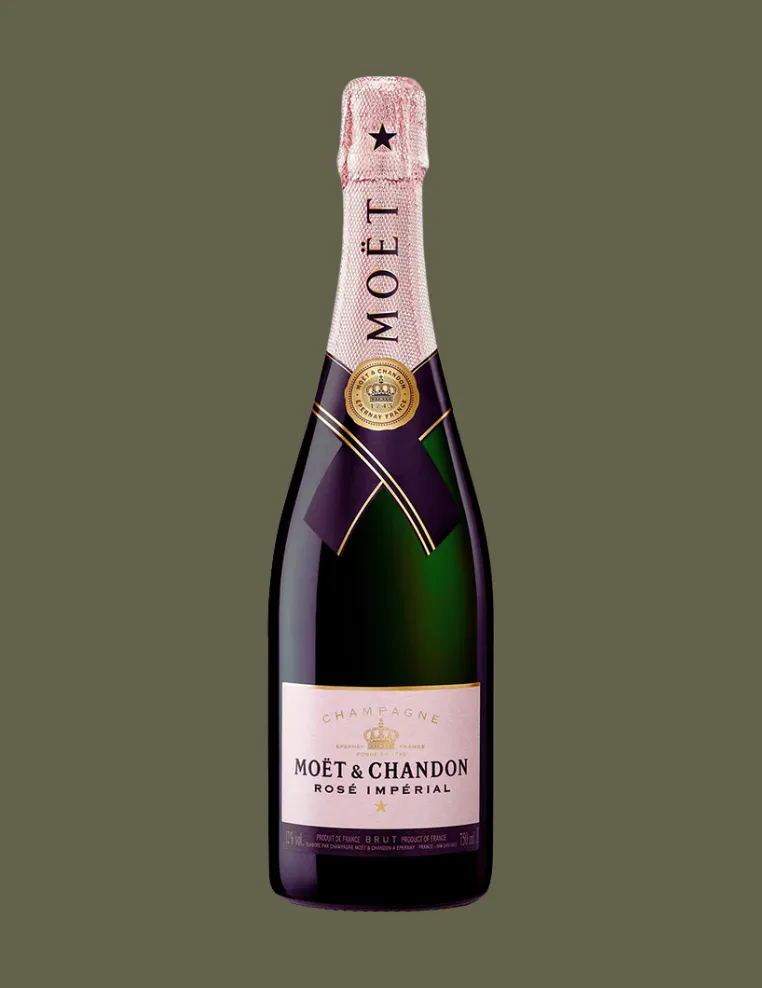 Bottle of Moët & Chandon Rosé Impérial champagne with pink foil on the neck and a light pink label.