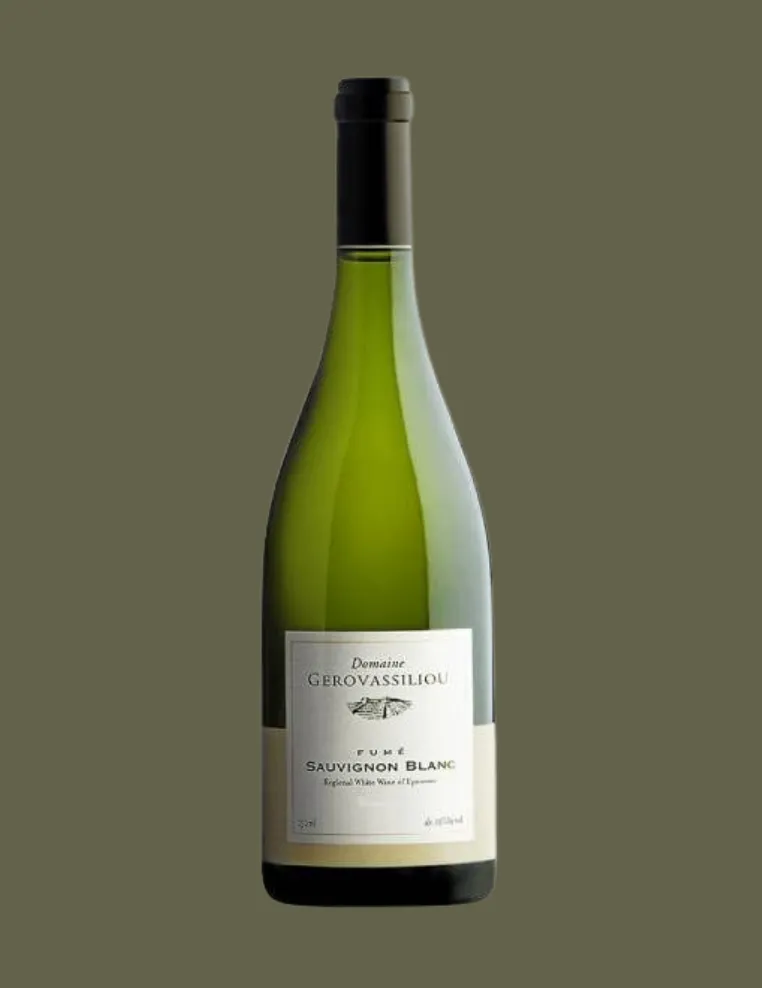 Bottle of Domaine Gerovassiliou Fumé Sauvignon Blanc white wine with a beige label and black cap.