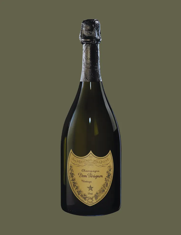 A bottle of Dom Pérignon Vintage champagne with a gold label against a muted olive background.