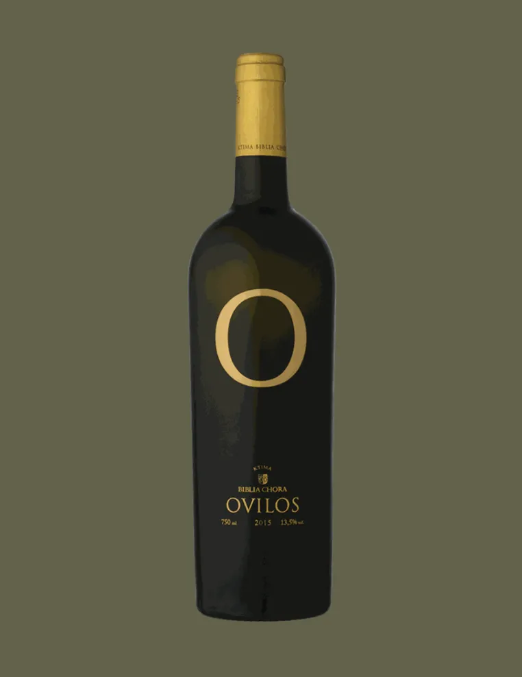 Bottle of Ovilos wine with gold label and foil, vintage 2015, 750 ml, 13.5% alcohol.