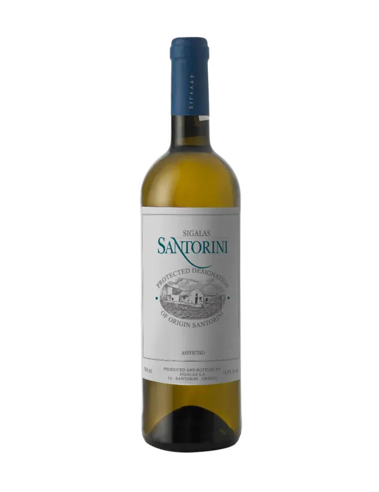 Bottle of Sigalas Santorini Assyrtiko white wine with a blue cap and a label featuring a vineyard illustration.
