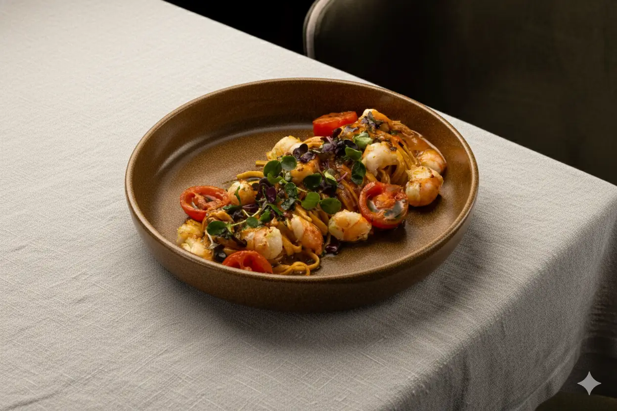 Plate of shrimp tagliatelle pasta garnished with cherry tomatoes and green herbs on a white tablecloth.