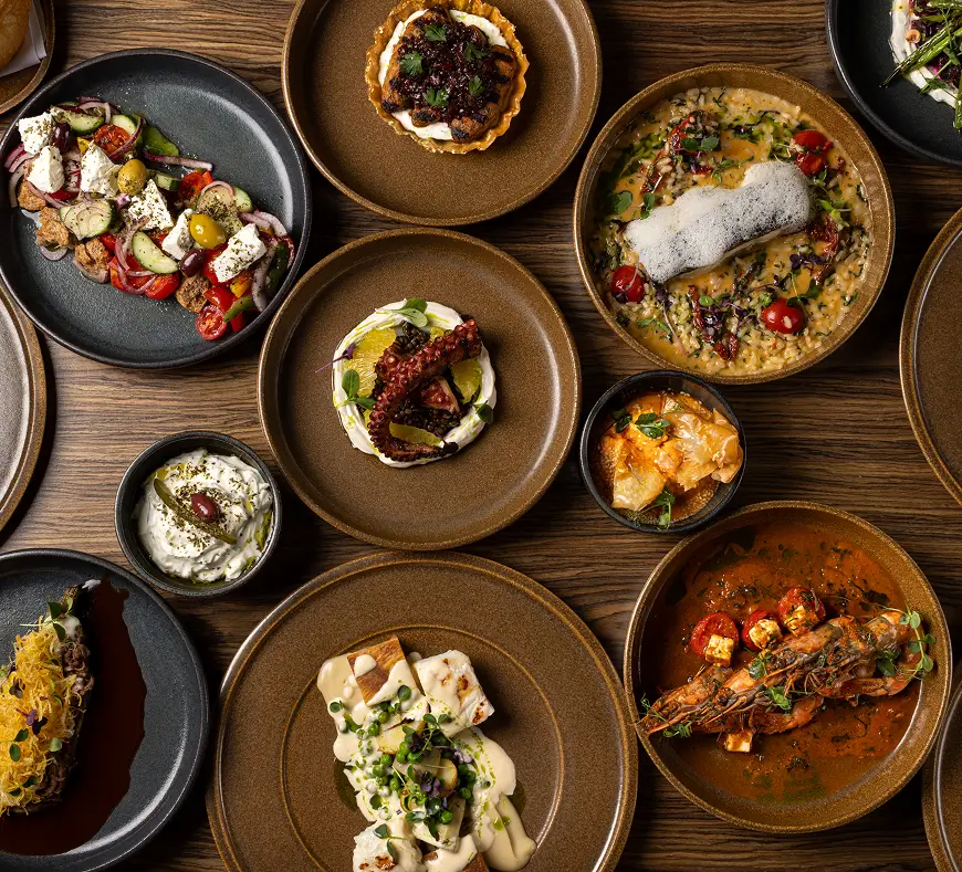 Assortment of gourmet dishes on brown and black plates arranged on a wooden table, featuring seafood, salads, and creamy sauces.