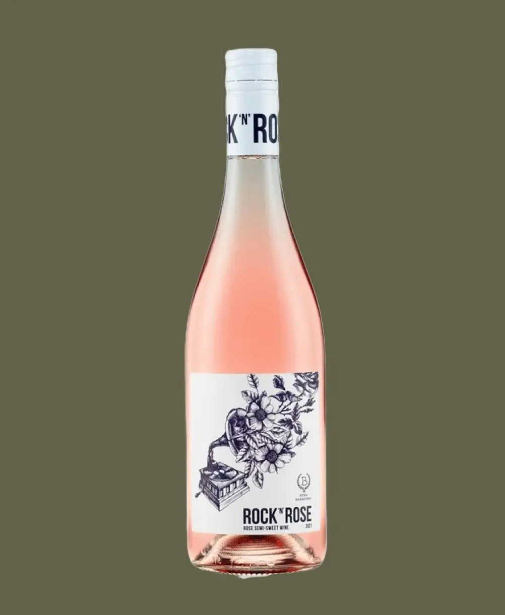 Bottle of Rock’n’Rose semi-sweet rosé wine with a floral and gramophone illustration on the label.