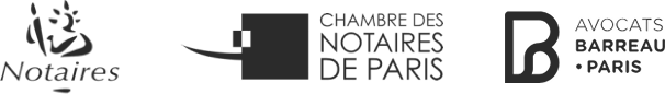 Logos de Notaires, Chambre des Notaires de Paris, et Avocats Barreau Paris alignés horizontalement.