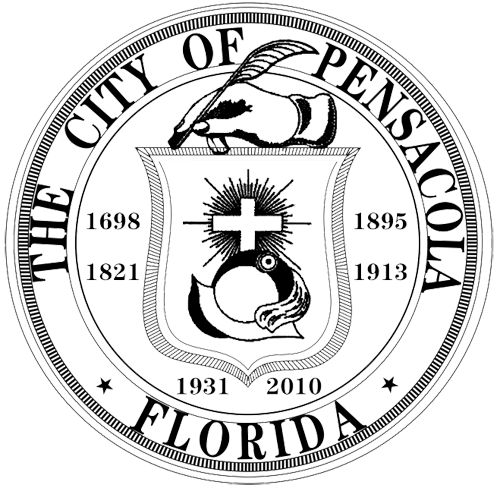 Seal of Pensacola, Florida with a shield, cross, bird head, quill pen, and key founding years.