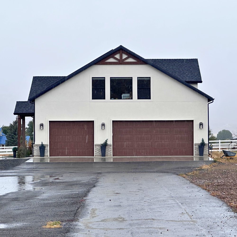 Double wood-look garage door installation Morgan Utah home
