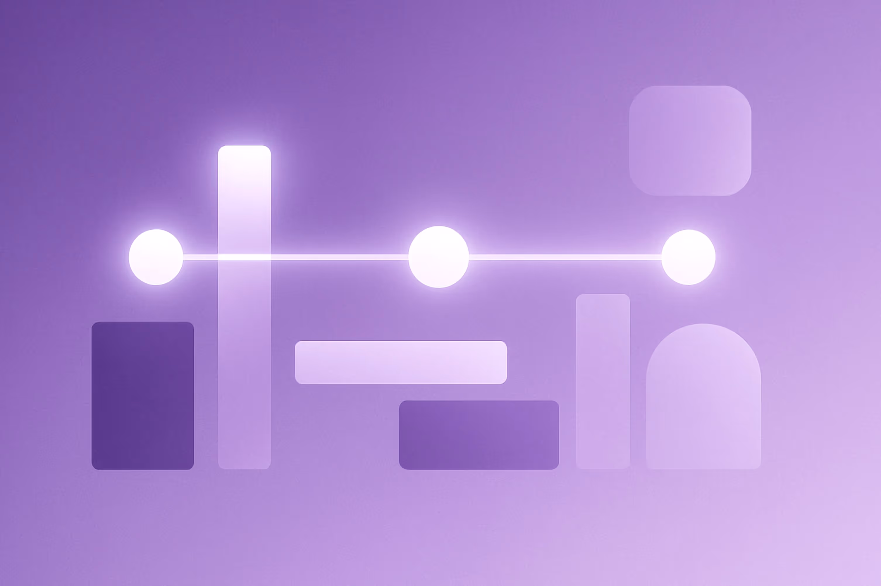 Abstract digital artwork in purple tones representing PERM processing times, featuring a horizontal glowing line connecting three bright circular nodes positioned above layered geometric shapes. The rectangular and rounded forms create a clean, minimal vis